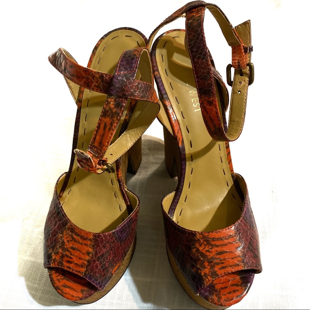 Nine West Faux Snake Skin Vintage Ankle Strap Wood Wedge